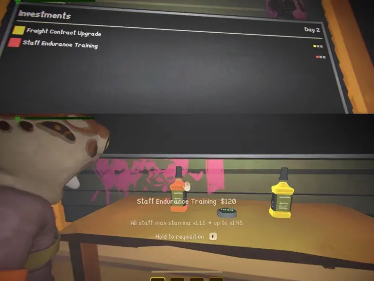 Game play screenshot in MIMESIS Logistics Center, the shop screen showing “Staff Endurance Training” investment for $120, with a yellow stamina drink on a table and Day 2 UI.