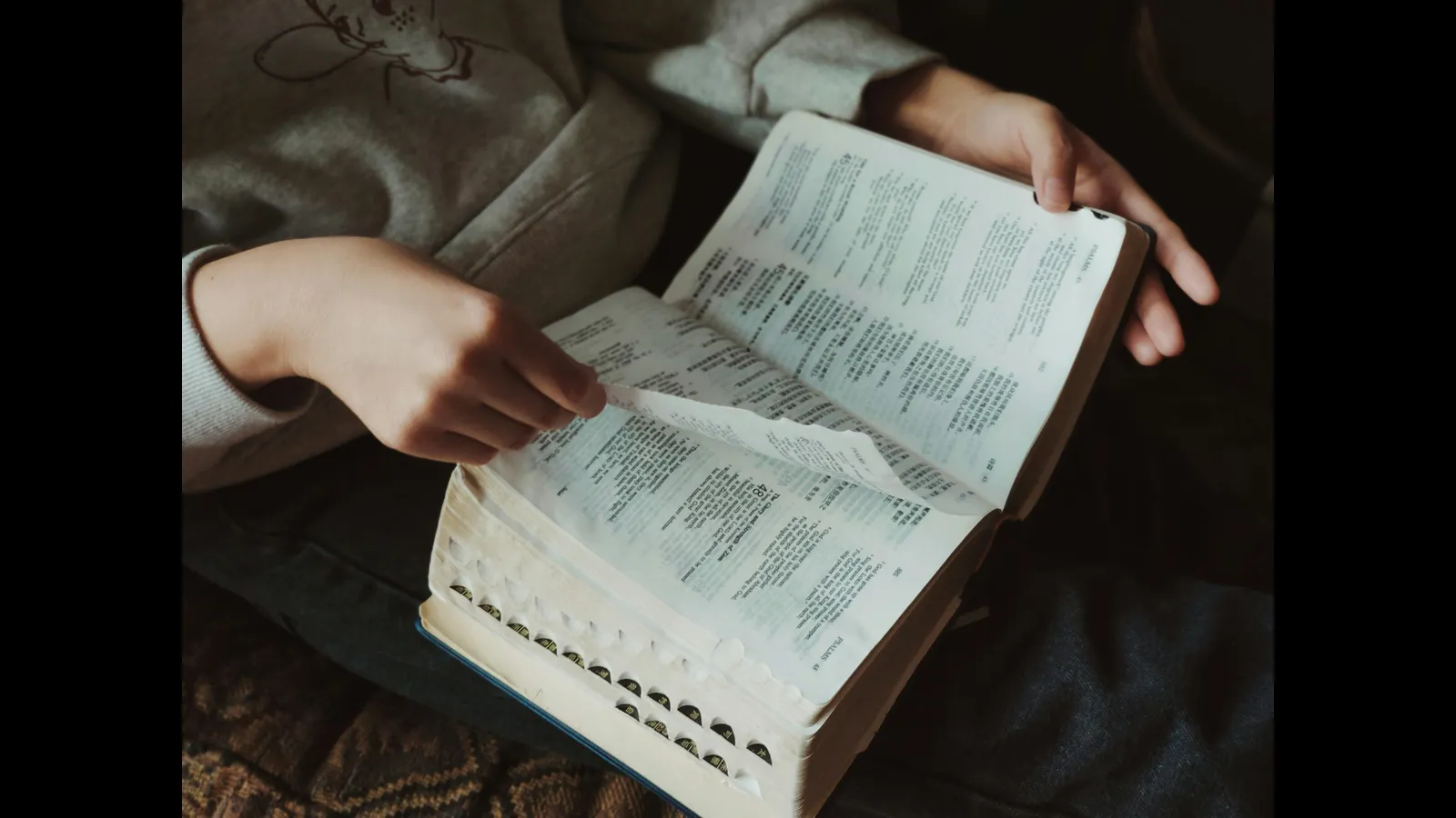 In daily devotional, a person studies the open Bible, which is placed on their lap.