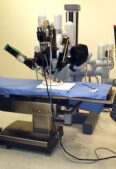 Patient-side cart of a da Vinci robotic surgical system, the type of robot used in robot-assisted prostatectomy, the surgery that included the prostate cancer nerve graft