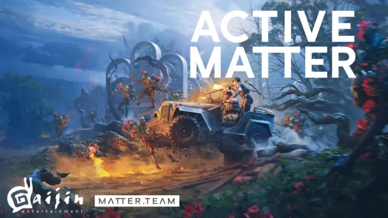 An illustration of the game Active Matter, depicting two individuals in a jeep that is in the air firing at Flowermen, modified humans that grow a red flower bush from their skin. In the lower left corner are the logos of the Dev, Matter Team, and the Publisher, Gaijin Entertainment.