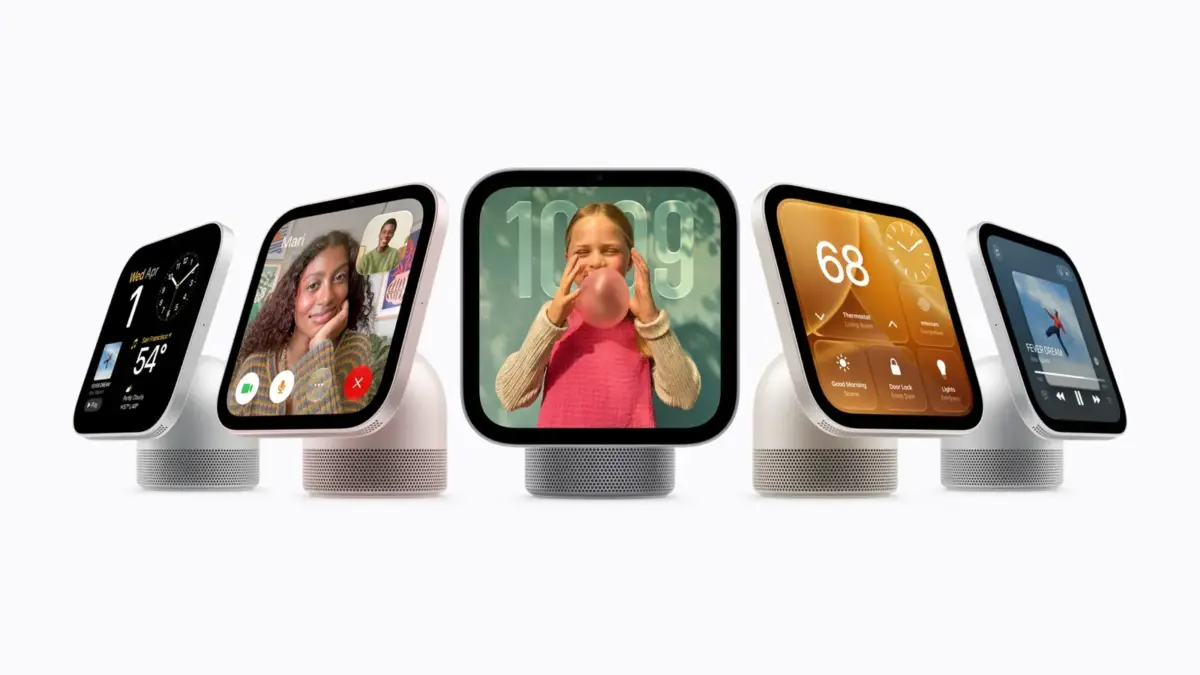 A series of smart displays showing different user interfaces, including video calls, weather, and music controls, positioned side by side. Apple HomeView Smart Displays