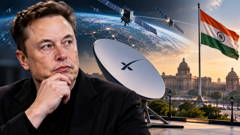Elon Musk with satellite and India flag