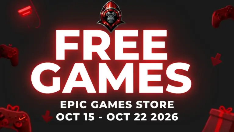 Free Games on the Epic Games Store Oct 15 - Oct 22, 2026 on a red background with gaming related icons