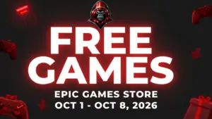 Free Games on the Epic Games Store Oct 1 - Oct 8, 2026 on a red background with gaming related icons