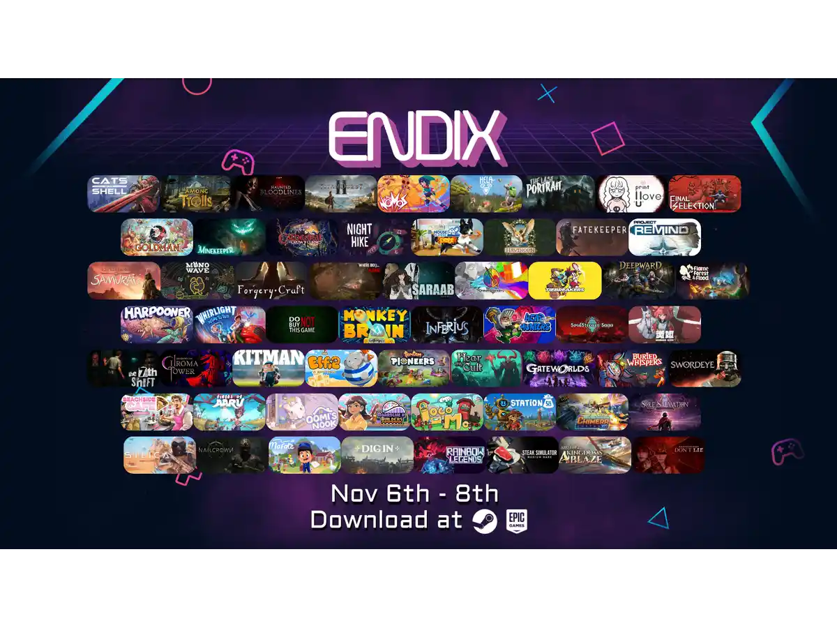 Neon ENDIX Expo Fall 2026 gaming event poster features rows of colorful game artwork on a dark blue-purple background, with Nov 6–8 dates and download icons.