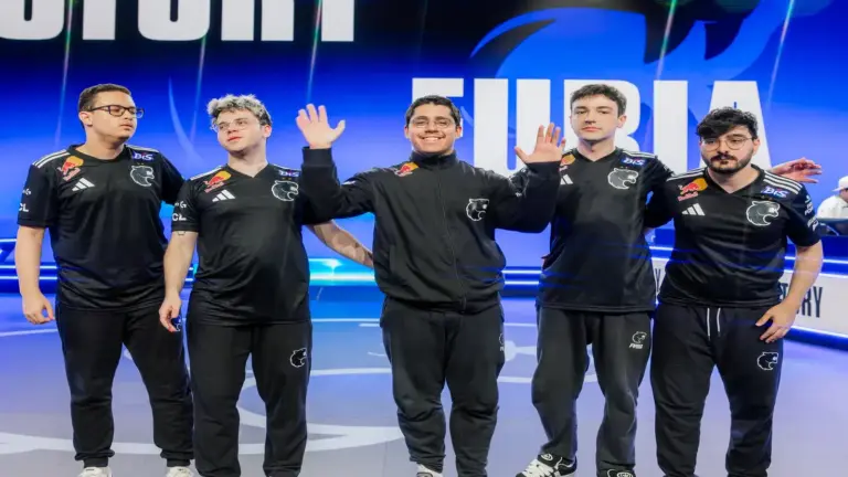 FURIA celebrating their win against C9 at Worlds 2026