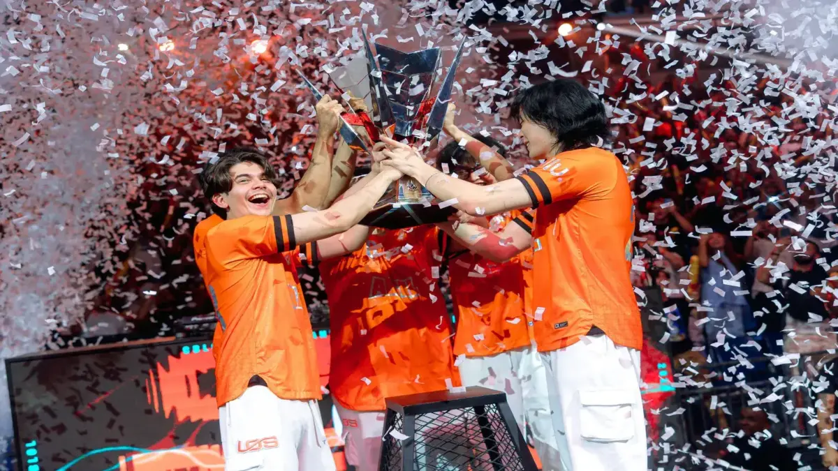 The LOS Worlds 2026 roster celebrating winning CBLOL