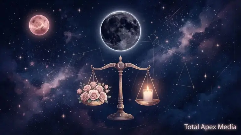 A balanced scale with roses on one side and a candle on the other, set against a cosmic background featuring stars, planets, and a moon. Libra New Moon Ritual