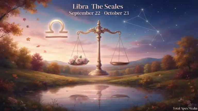 A serene landscape at dusk with a balance scale symbolizing Libra, surrounded by flowers, with constellations visible in the sky. The text states "Libra The Scales" with dates September 22 to October 23.