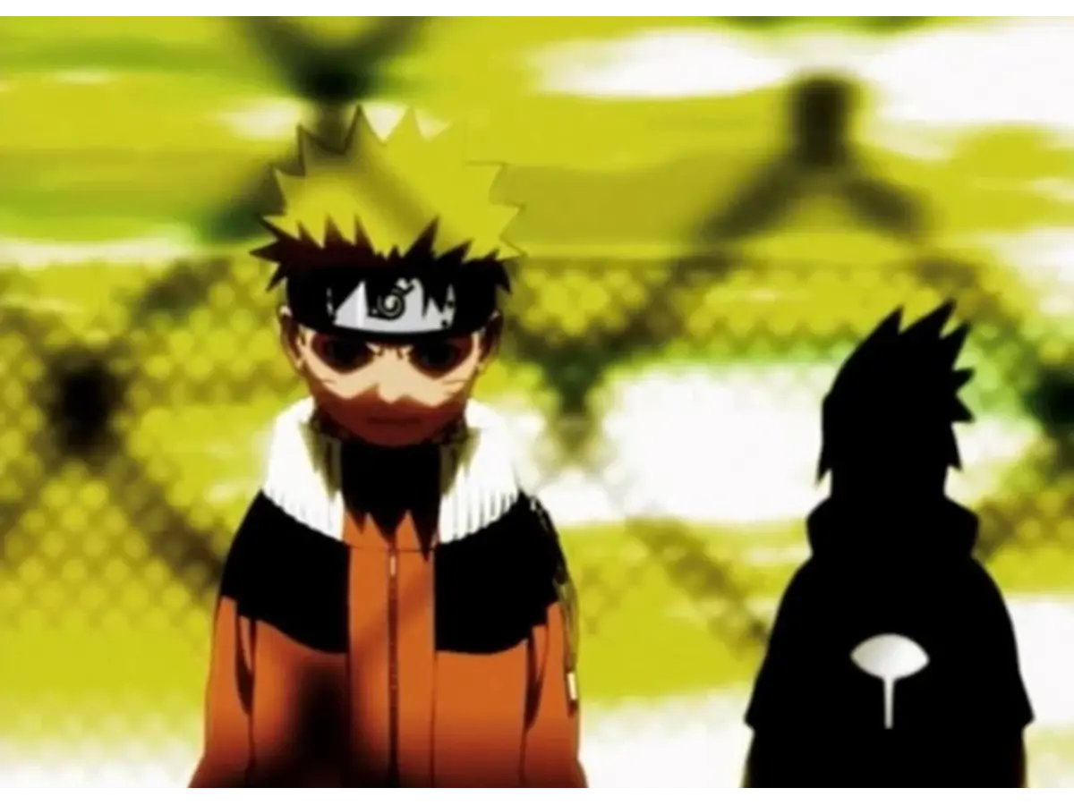 Naruto and Sasuke symbolically standing on opposing sides