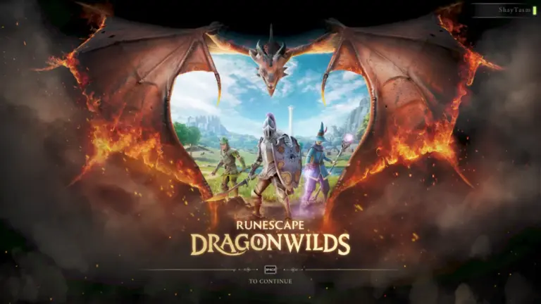Promotional RuneScape: Dragonwilds artwork shows armored adventurers in a bright fantasy landscape, framed by fiery dragon wings and smoke, creating an epic tone.