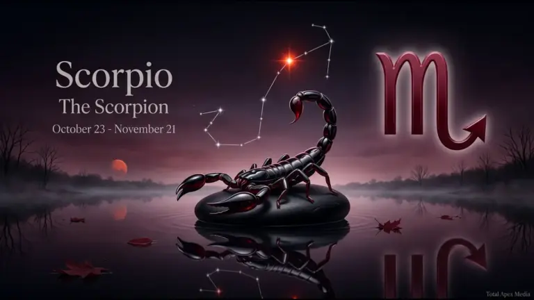 Astrological illustration featuring a scorpion on a reflective surface with a night sky backdrop, displaying the Scorpio zodiac sign, including dates October 23 to November 21.