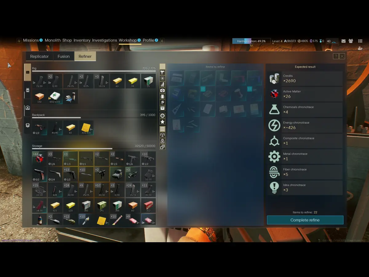 A Screenshot of Active Matter, depicting the Refiner, where characters break down all the junk they collect on raids