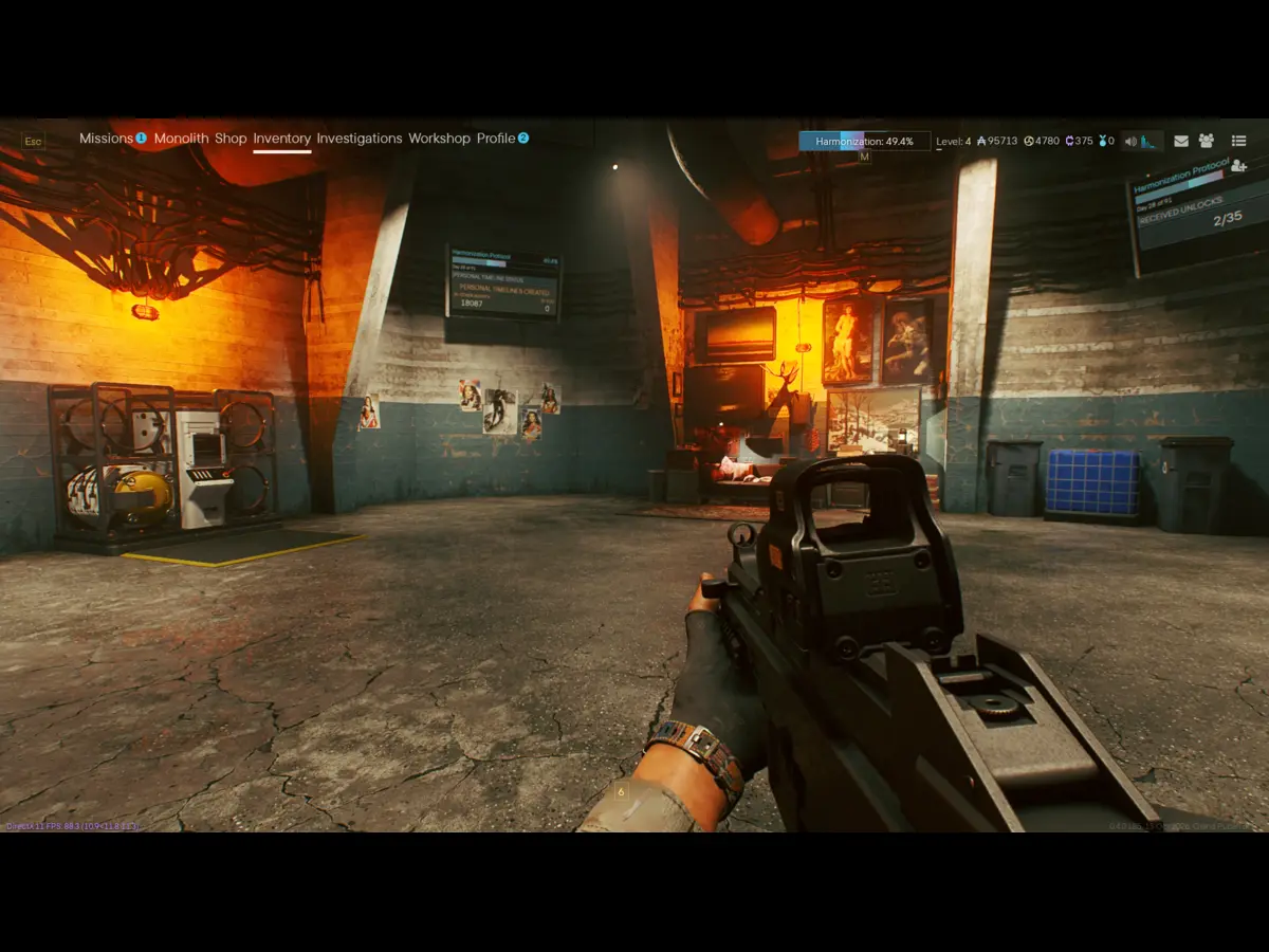 A Screenshot of Active Matter, depicting the inside of the Player Hub, Specifically the Replicator, a large white industrial tool used for breaking down items and making new ones, and the players personal area with a couch, table, posters, and detritus scattered about.