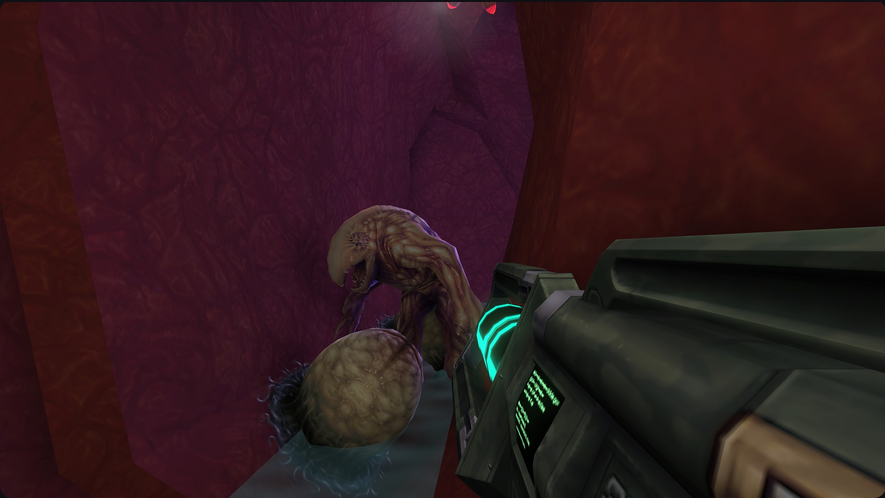 A creature in a video game environment, standing in a cave-like area with a weapon aimed at it. Screenshot from System Shock 2: 25th Anniversary Remaster