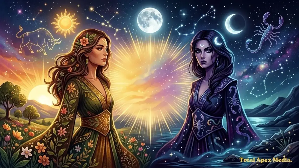 A vibrant illustration of two women representing different celestial themes, one adorned with flowers and sunlight, and the other with a night sky motif, surrounded by astrological symbols and nature elements. Taurus Sun, Scorpio Rising, What Taurus Sun with Scorpio Rising Means