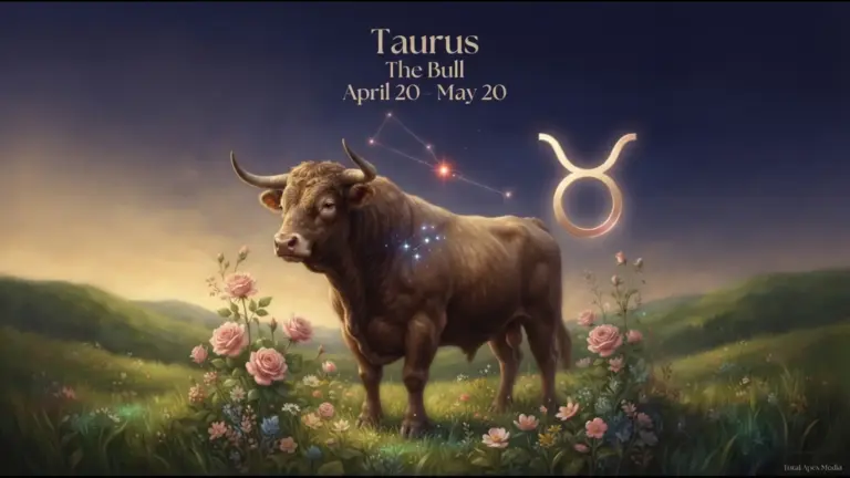A bull standing in a lush landscape with flowers, surrounded by stars forming the Taurus constellation, with the text "Taurus The Bull April 20 - May 20 and the Taurus symbol.