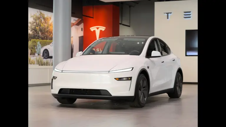 Tesla Model Y 2025, A white electric SUV displayed in a Tesla showroom.