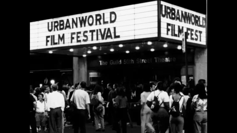 A large crowd gathered outside the Urbanworld Film Festival marquee at the Guild 50th Street Theatre.