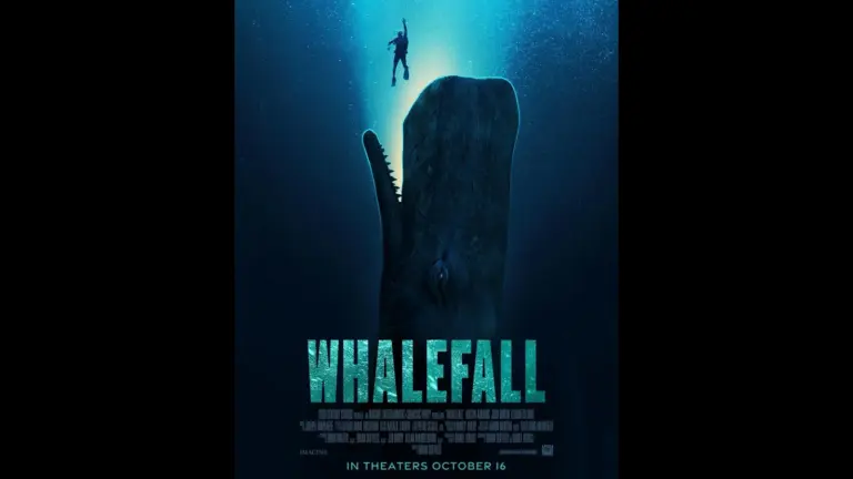 A person is diving underwater next to a massive whale carcass, with blue lighting creating an eerie atmosphere. The text at the bottom reads "WHALEFALL" and "IN THEATERS OCTOBER 16."
