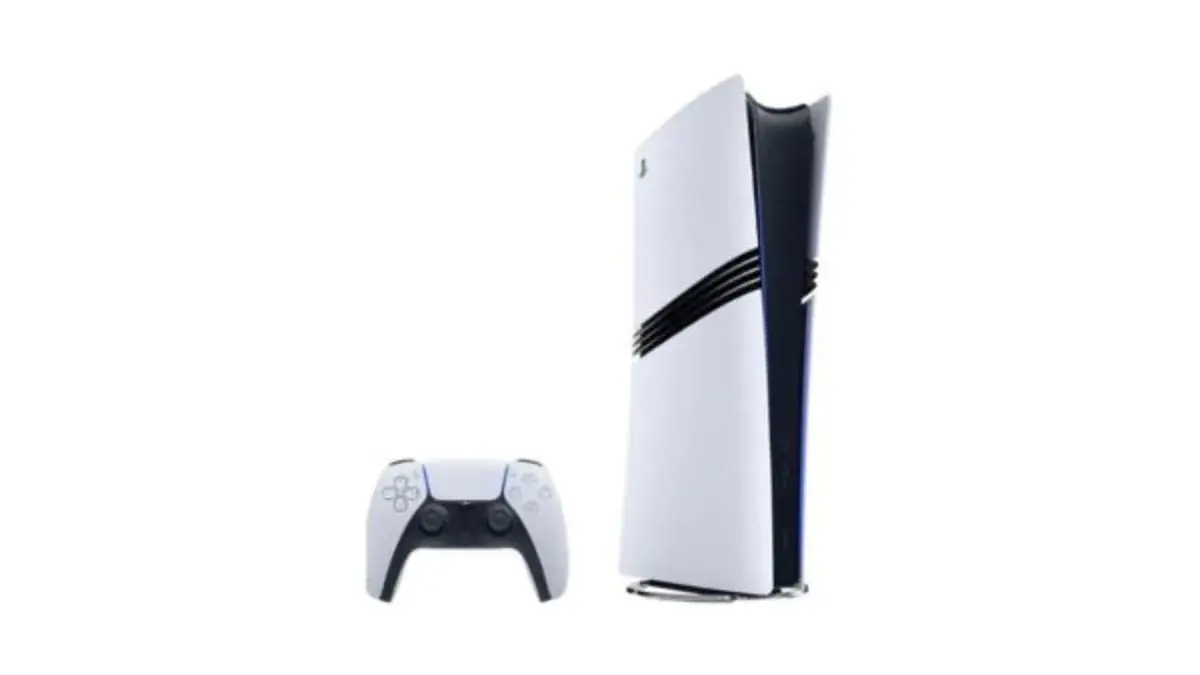 A PS5 Pro and PlayStation controller on white background.