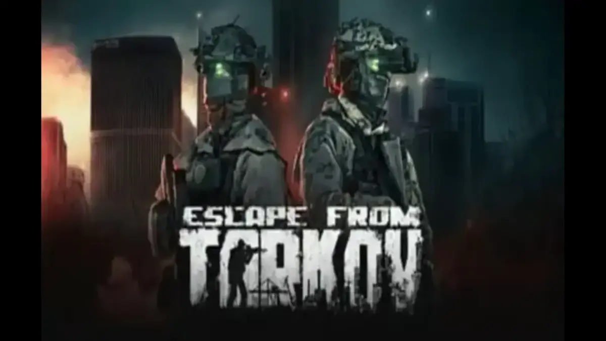 Escape From Tarkov cover. Two soldiers standing back to back in front of a cityscape with and setting sun and Escape from Tarkov title in the foreground