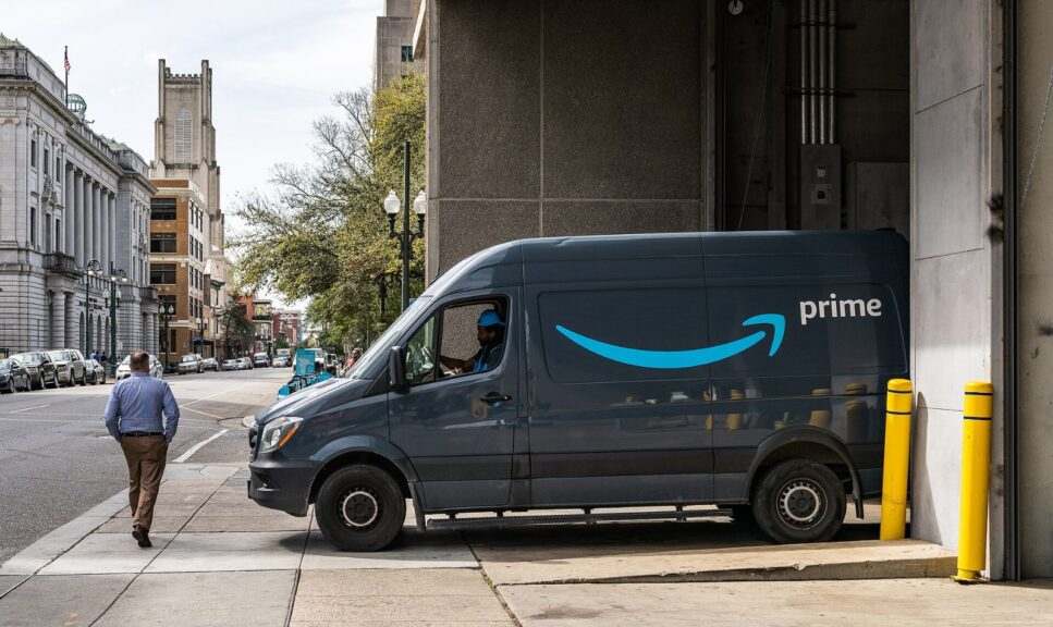 Amazon settlement payments: Amazon Prime delivery van parked in New Orleans in 2020