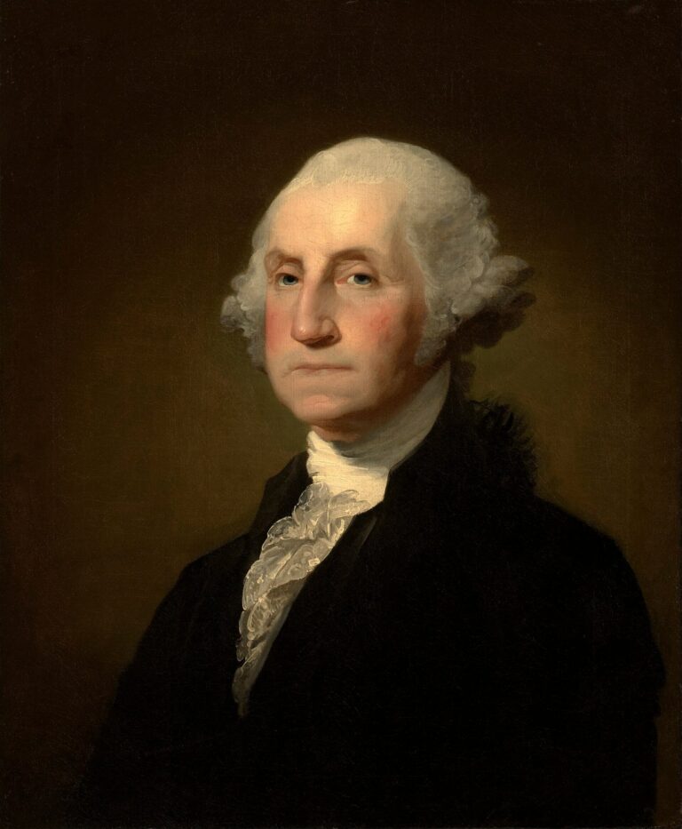 Gilbert Stuart portrait of George Washington, whose imagined royal dynasty drives the American Royals Netflix series