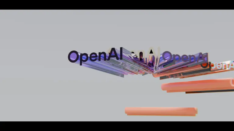 Layered "OpenAI" text with orange shapes on grey background.