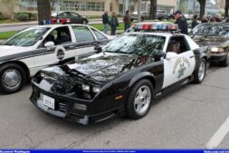 A black-and-white CHP Camaro patrol car from the California Highway Patrol, photographed in 2014
