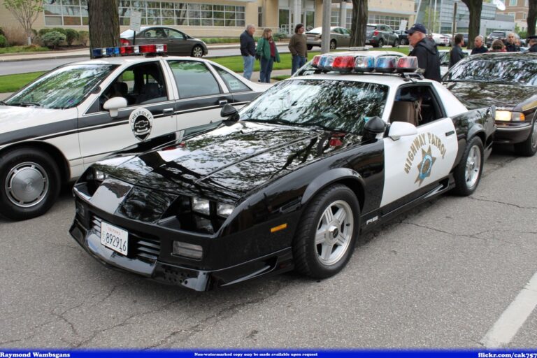 A black-and-white CHP Camaro patrol car from the California Highway Patrol, photographed in 2014
