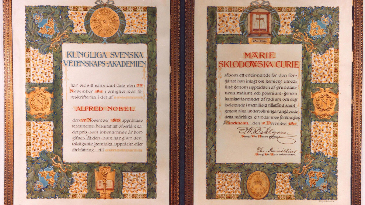 Marie Curie’s 1911 Nobel diploma, an archival illustration for the 2026 Nobel Prize report