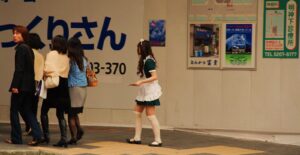 A woman in a maid uniform walks through Tokyo’s Akihabara district; the Dismissed Supermaid anime follows a maid heroine