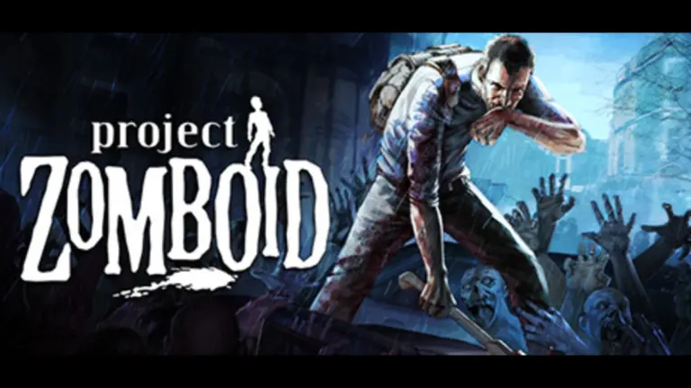 The Project Zomboid title artwork with a man from the game placed on the front next to the words "Project Zomboid."