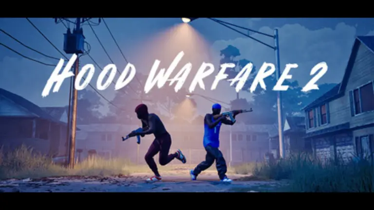 The Hood Warfare 2 title artwork. two gangmembers with guns under a streetlight.