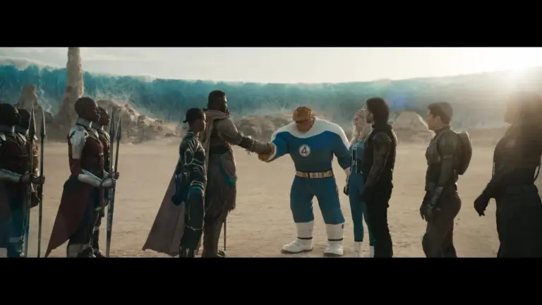The Avengers assemble in the ocean, featuring Ebon Moss-Bachrach, Sebastian Stan, Vanessa Kirby, Letitia Wright, Hannah John-Kamen, Winston Duke, and Danny Ramirez.