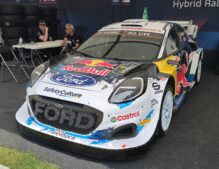 The M-Sport Ford Puma Rally1 hybrid rally car on display in 2022