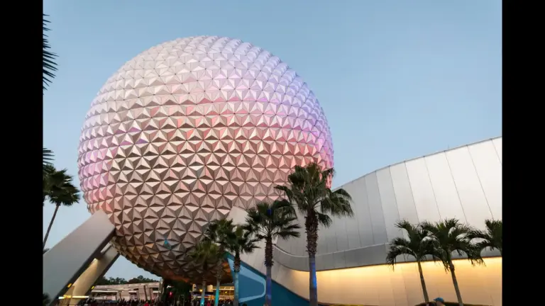 Spaceship Earth, at Epcot Center against a clear sky.