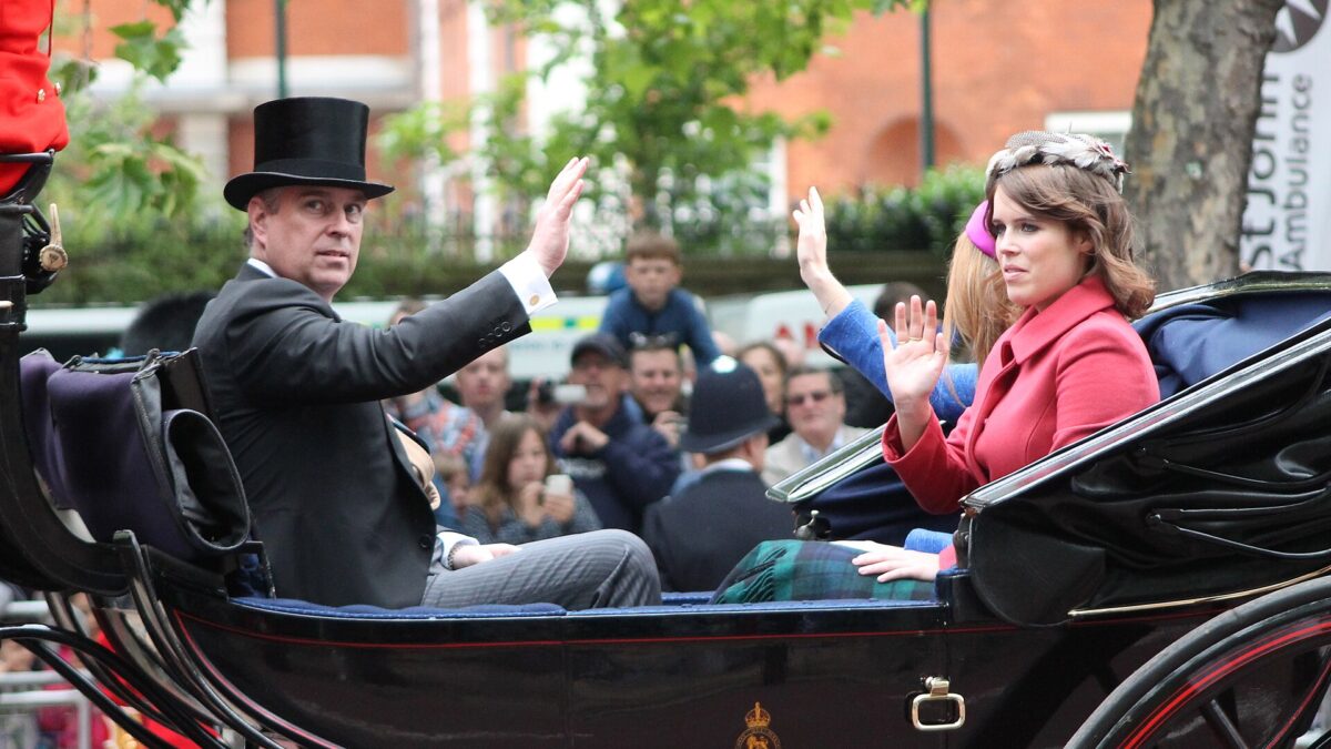 Prince Andrew and his daughter Princess Eugenie in a carriage in an archival photograph