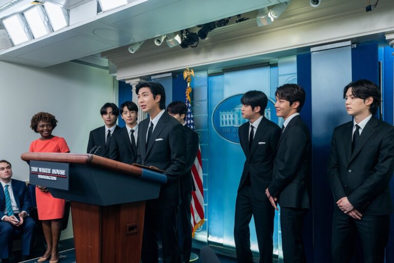The seven BTS members at a White House press briefing in May 2022, four years before the Run BTS Toronto episodes