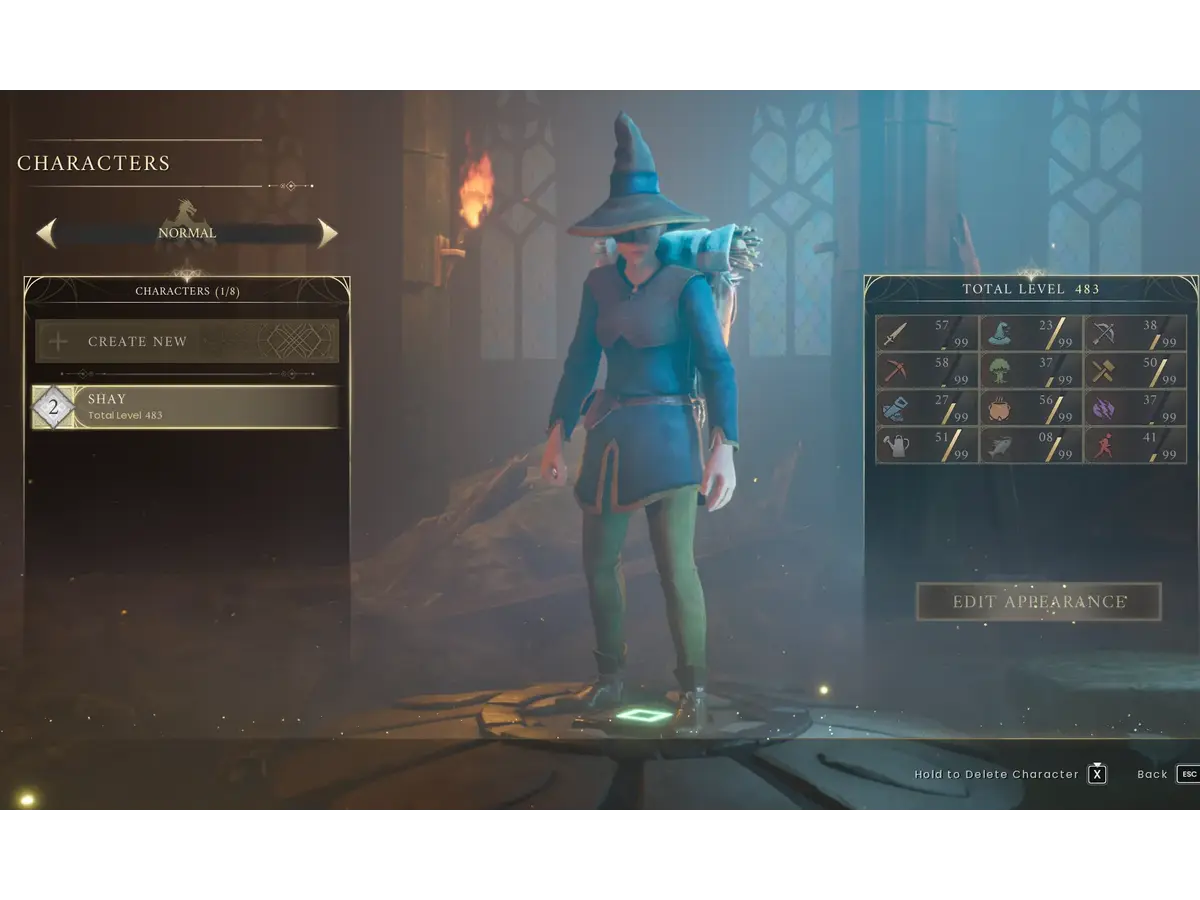 RuneScape: Dragonwilds character selection screen shows a blue-robed wizard in a pointed hat, with character options and level stats in a torchlit, misty hall.