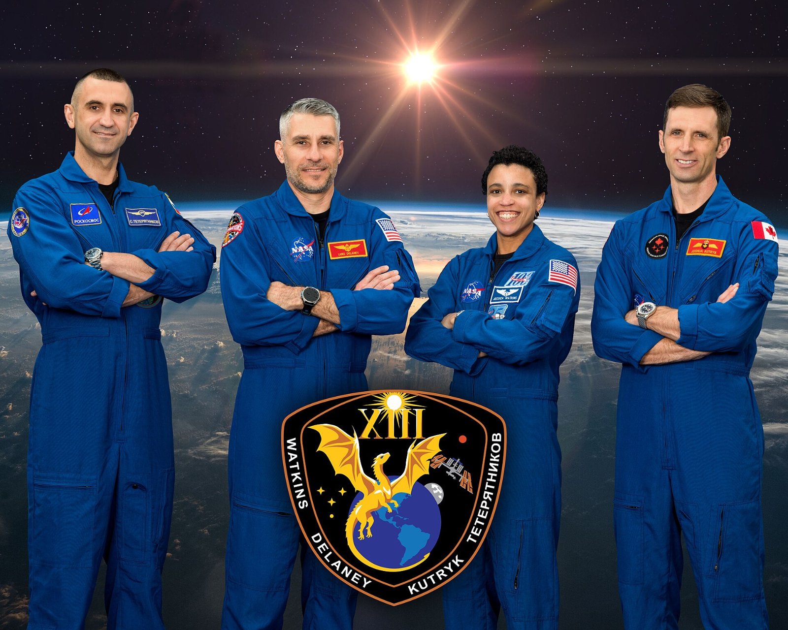 SpaceX Crew-13 launch crew portrait: from left, Sergey Teteryatnikov, Luke Delaney, Jessica Watkins and Joshua Kutryk in blue flight suits