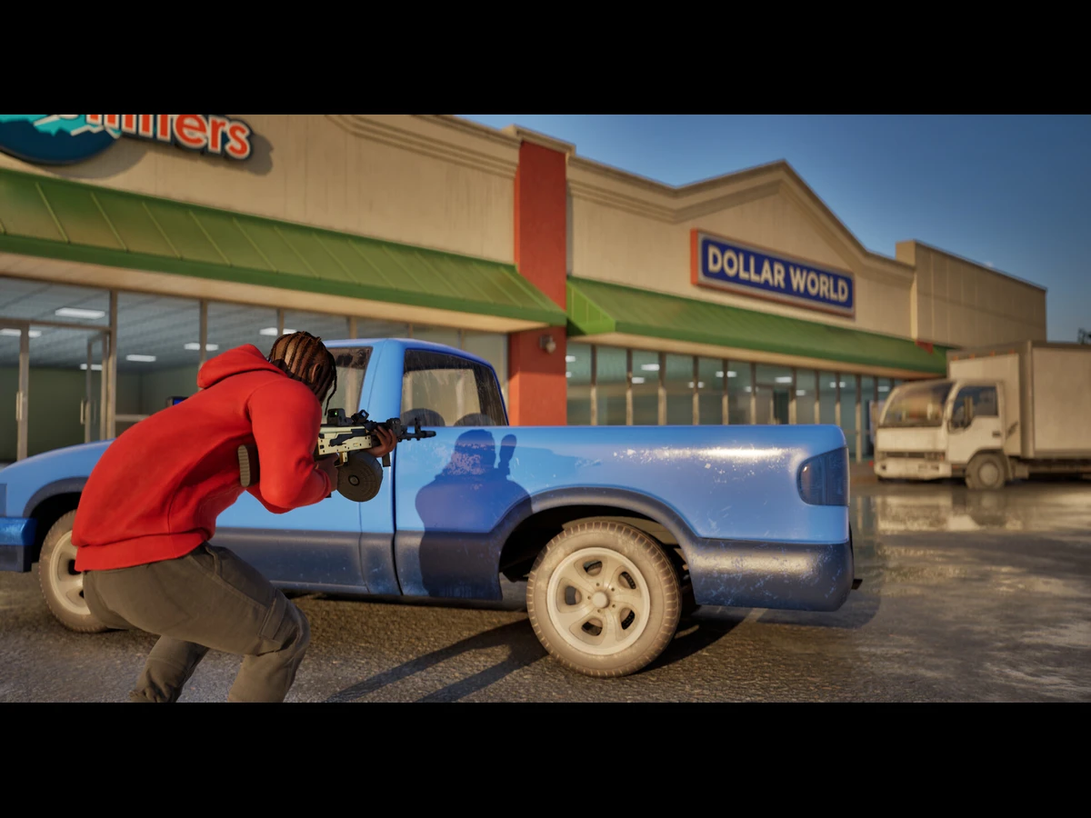 A gang member In Hood Warfare 2 lurking behind a blue car.