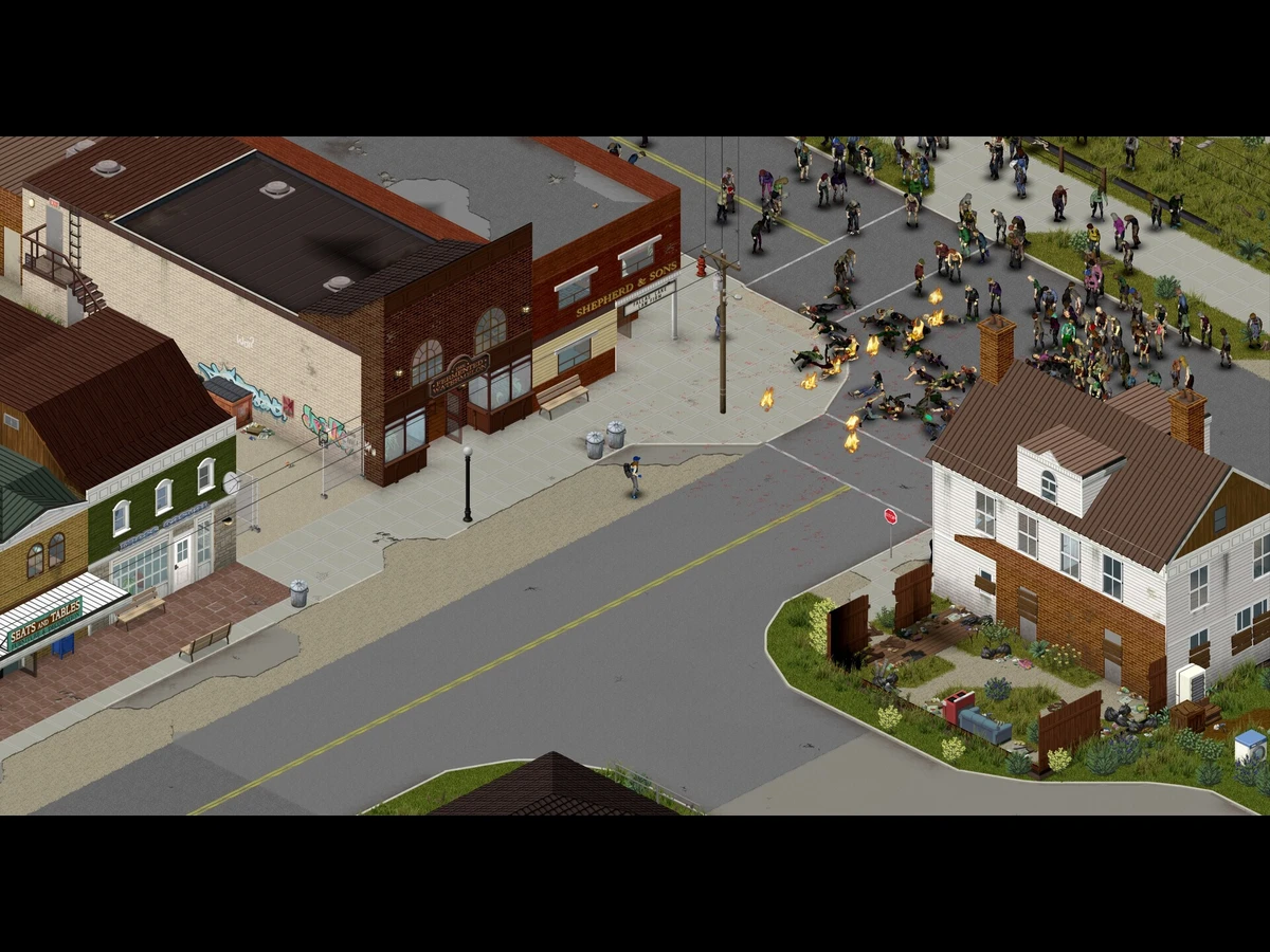 A massive shootout in the street next to buildings.