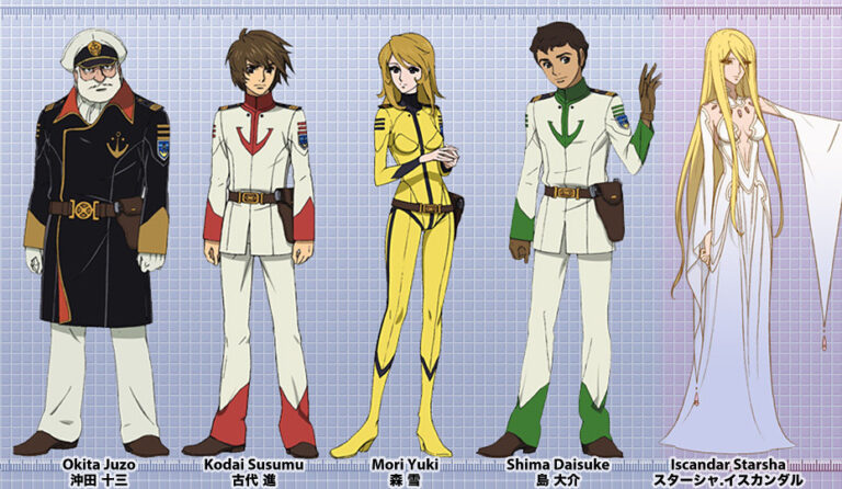 Star Blazers ending theme: illustrated Space Battleship Yamato crew characters lined up in uniform
