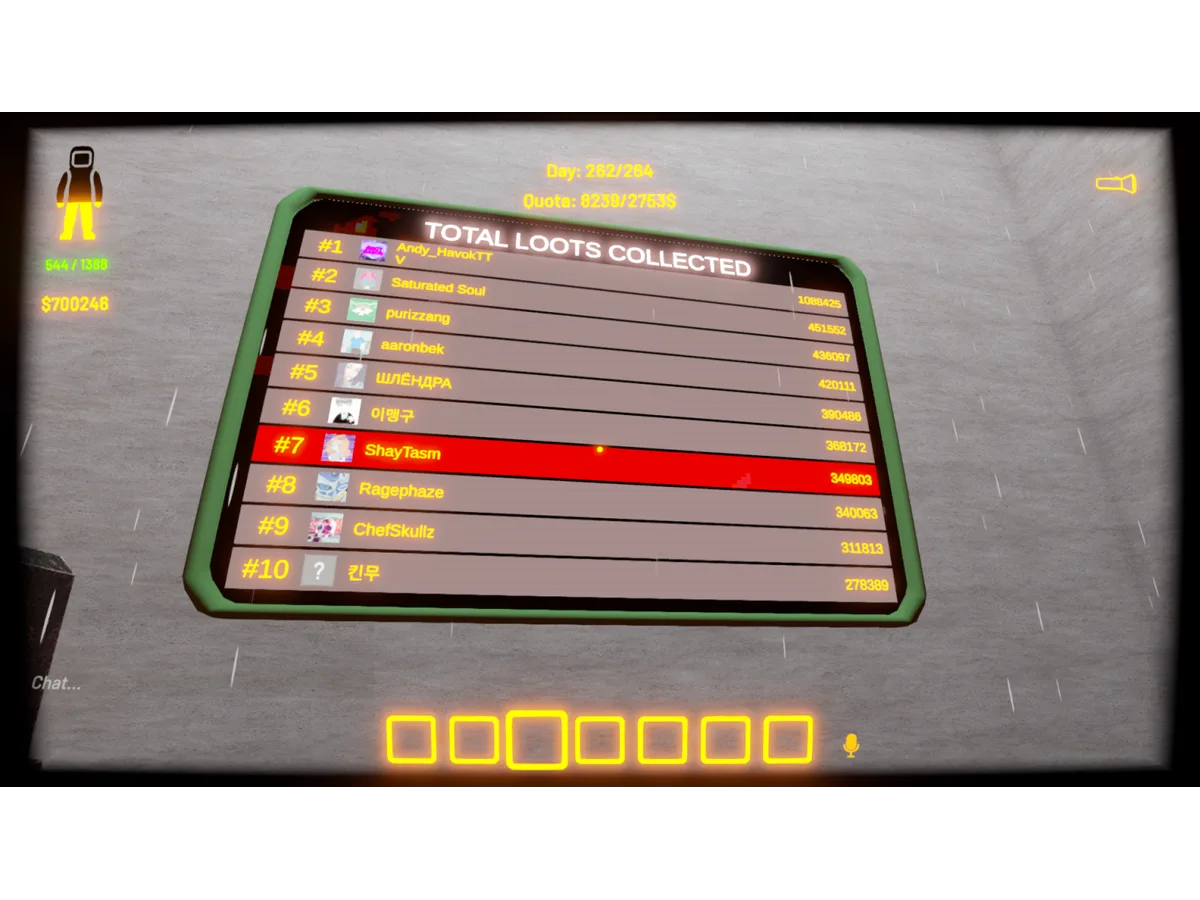 V.A.U.L.T. PROTOCOL game leaderboard titled “Total Loots Collected” lists ten players, with the seventh-place highlighted red. Yellow HUD text and icons frame the competitive screen.