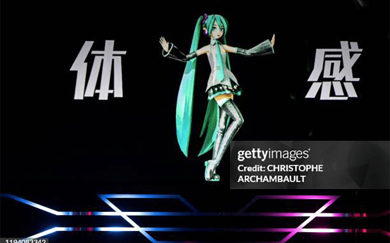 Vocaloid star and character Hatsune Miku performing a song.