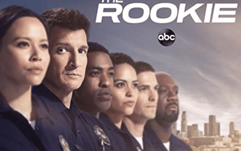 The main cast of The Rookie, including Nathan Fillion, in their police uniforms.