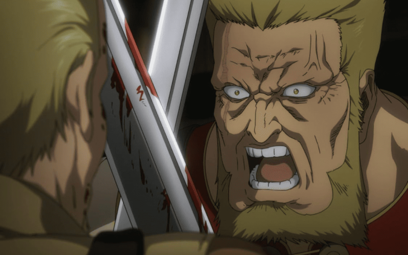 A fierce fight with Thorfin from Vinland Saga, with a man screaming, holding a blood-stained sword.