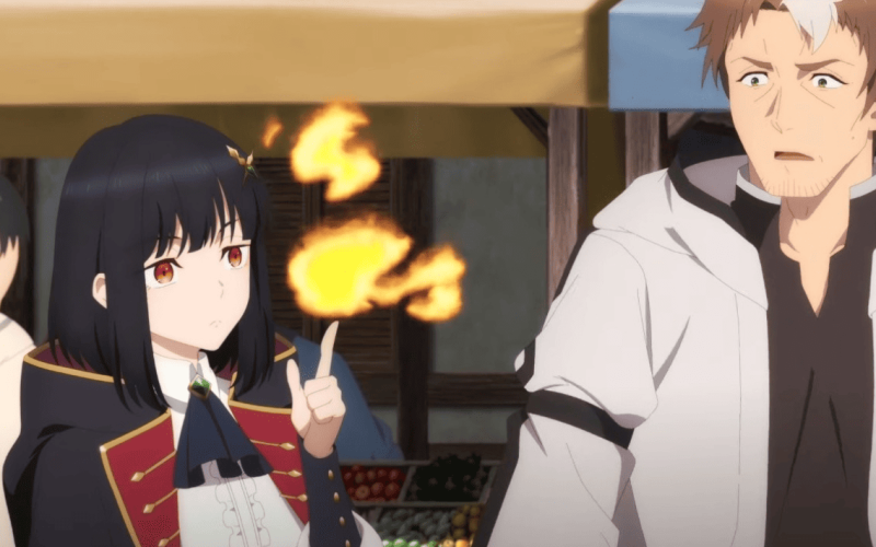 Two faces from the anime 'From Old Country Bumpkin to Master Swordsman': one young man and one older man with glowing eyes.